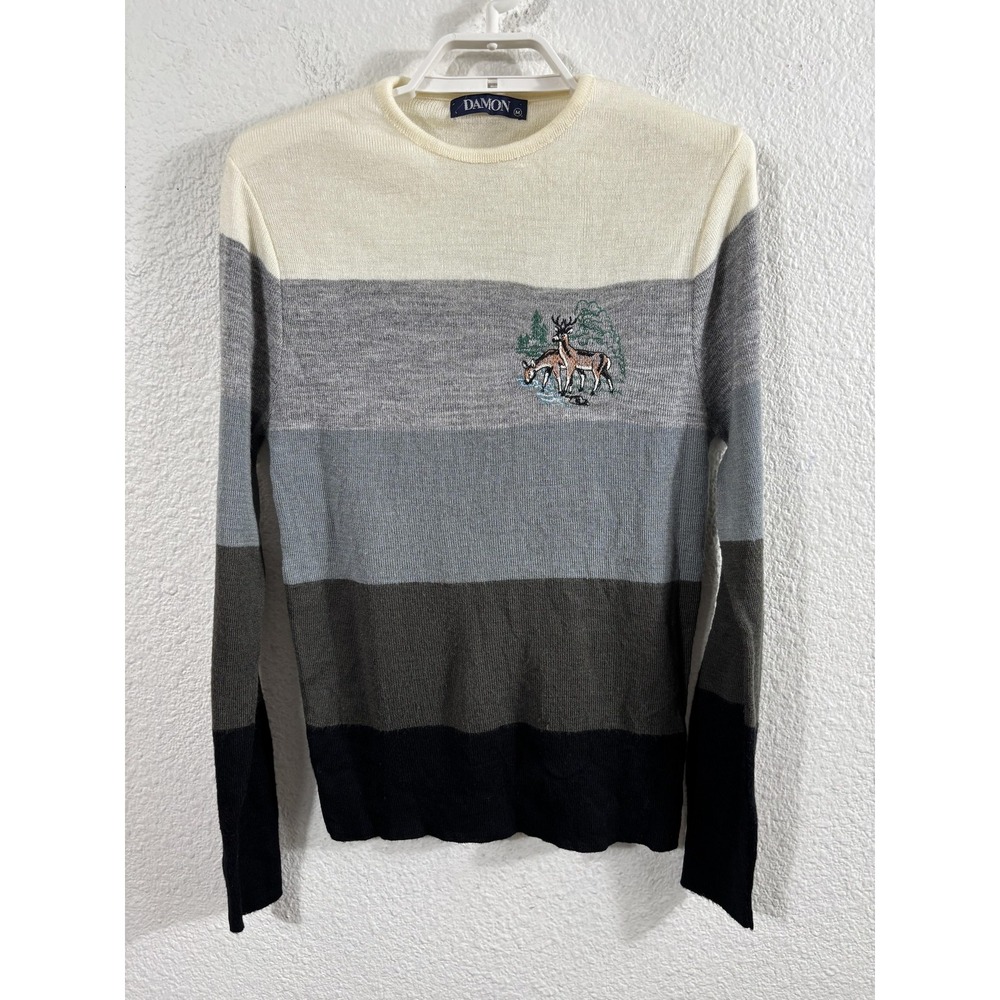 Vintage Damon Sweater Mens fits like a Small Gray‎ Deer Graphic Stripe Crewneck